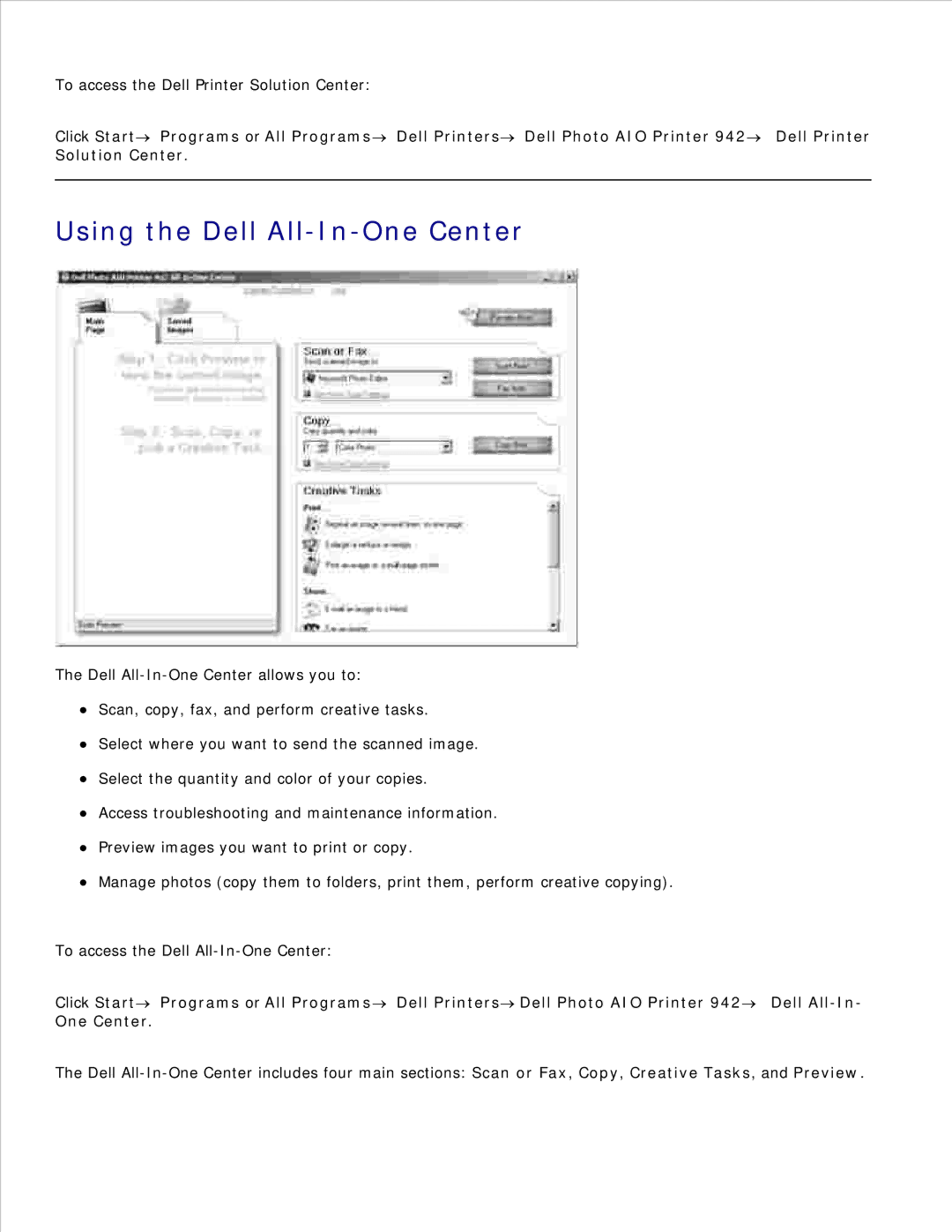 Dell 942 manual Using the Dell All-In-One Center 