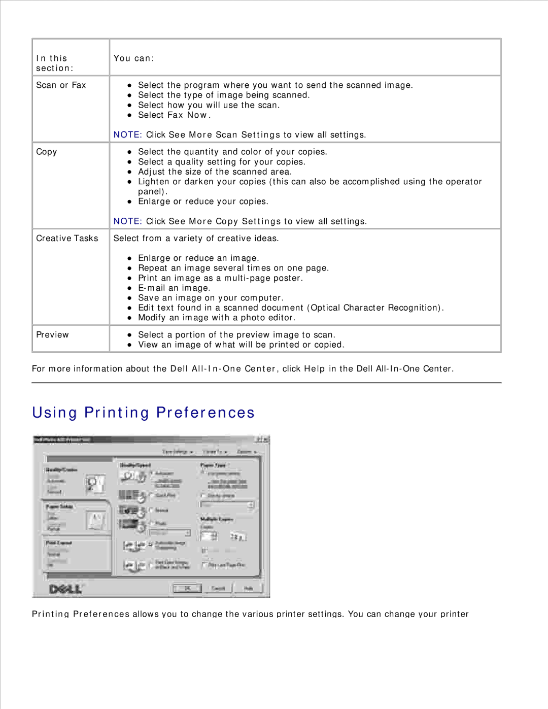 Dell 942 manual Using Printing Preferences, This Section, You can, Select Fax Now 
