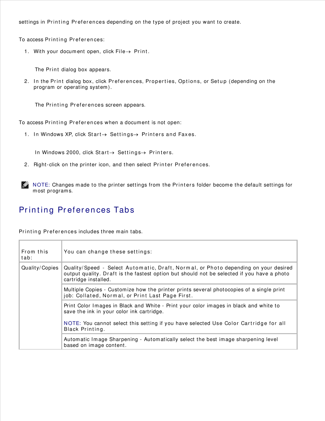 Dell 942 manual Printing Preferences Tabs, To access Printing Preferences, From this tab, You can change these settings 