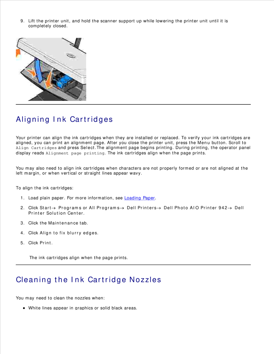 Dell 942 manual Aligning Ink Cartridges, Cleaning the Ink Cartridge Nozzles, Click Align to fix blurry edges 