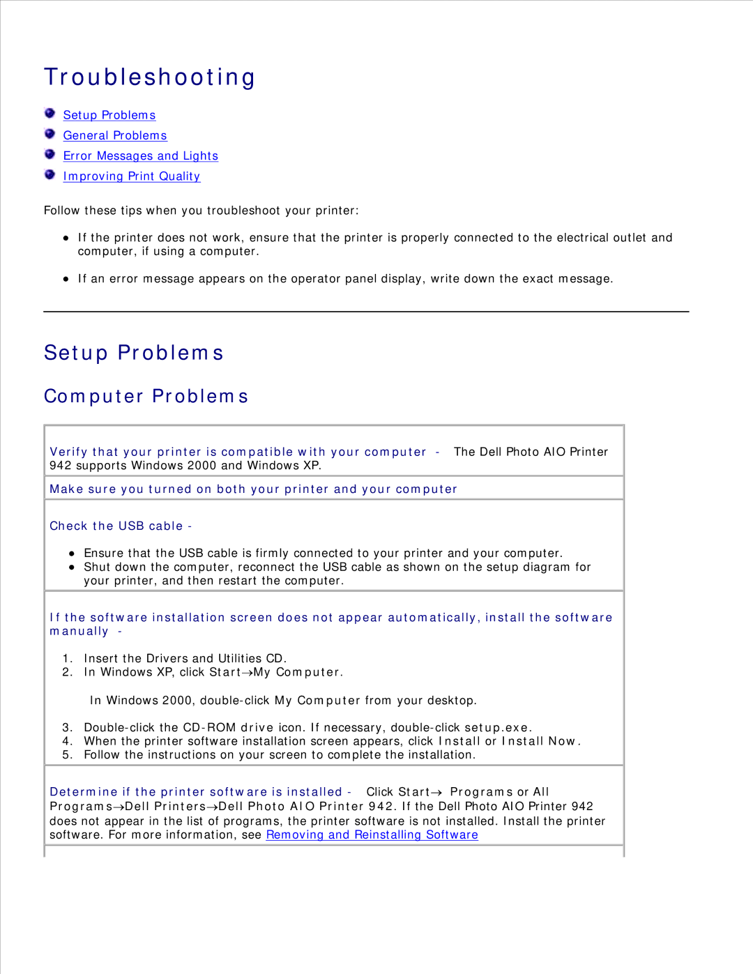 Dell 942 manual Troubleshooting, Setup Problems, Computer Problems, Windows XP, click Start My Computer 