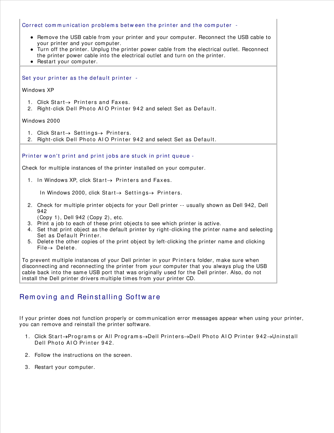 Dell 942 manual Removing and Reinstalling Software, Set your printer as the default printer 