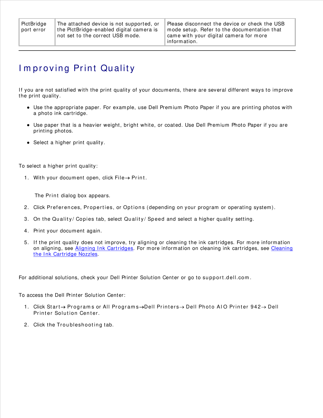 Dell 942 manual Improving Print Quality, PictBridge port error 