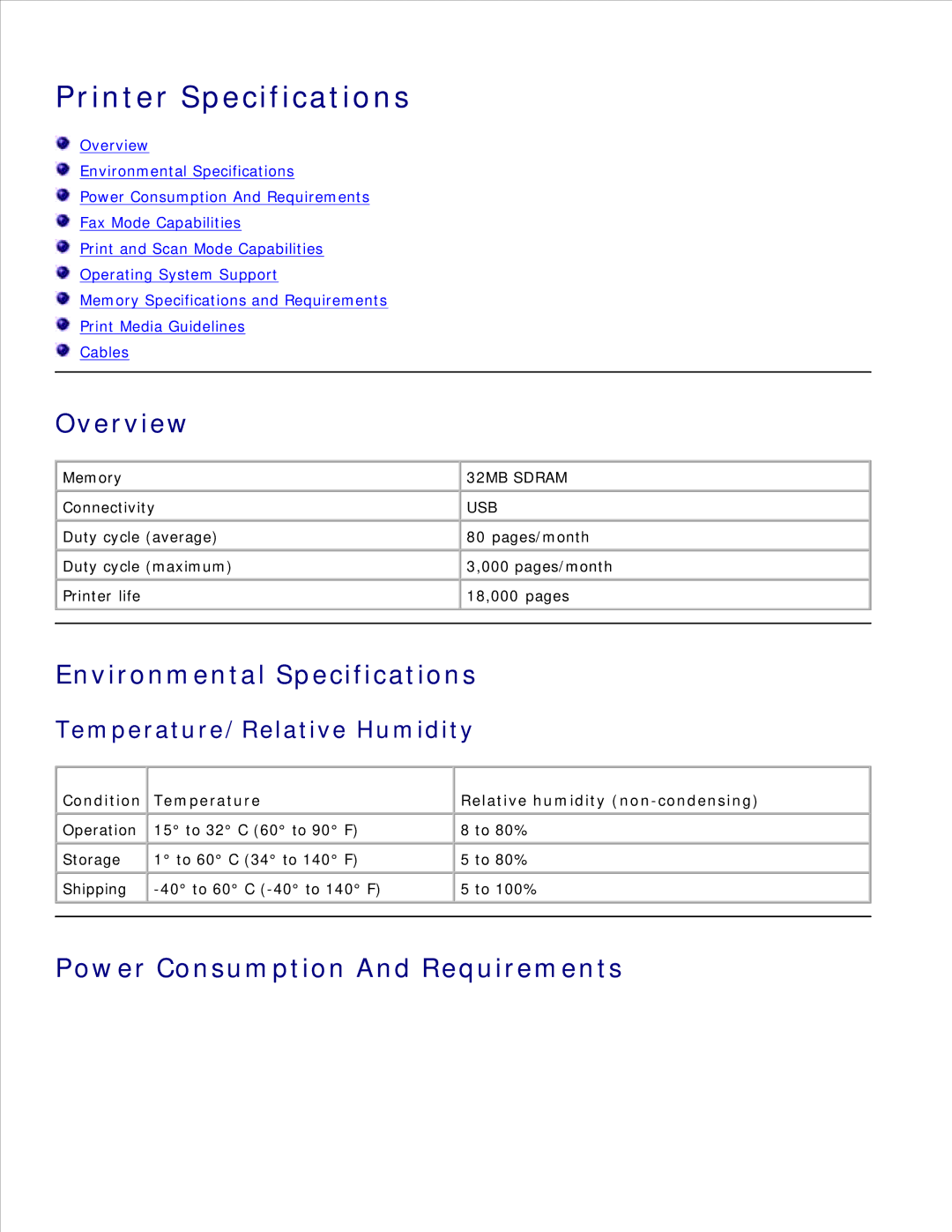 Dell 942 manual Printer Specifications, Overview, Environmental Specifications, Power Consumption And Requirements 