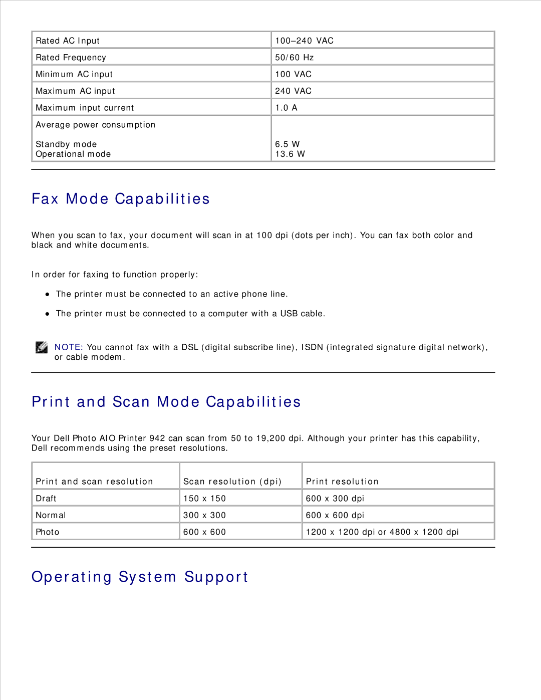 Dell 942 manual Fax Mode Capabilities, Print and Scan Mode Capabilities, Operating System Support 