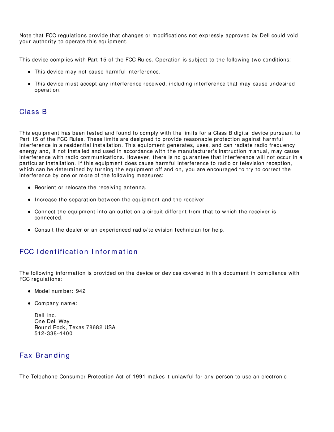 Dell 942 manual Class B, FCC Identification Information, Fax Branding 