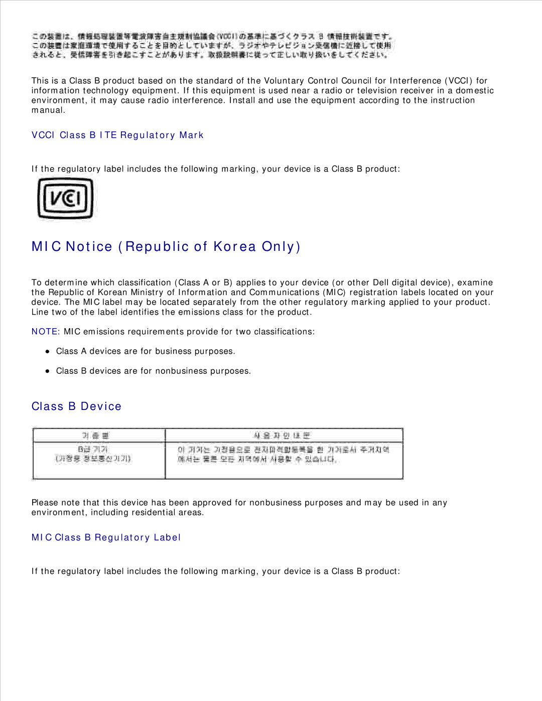 Dell 942 manual MIC Notice Republic of Korea Only, Class B Device 