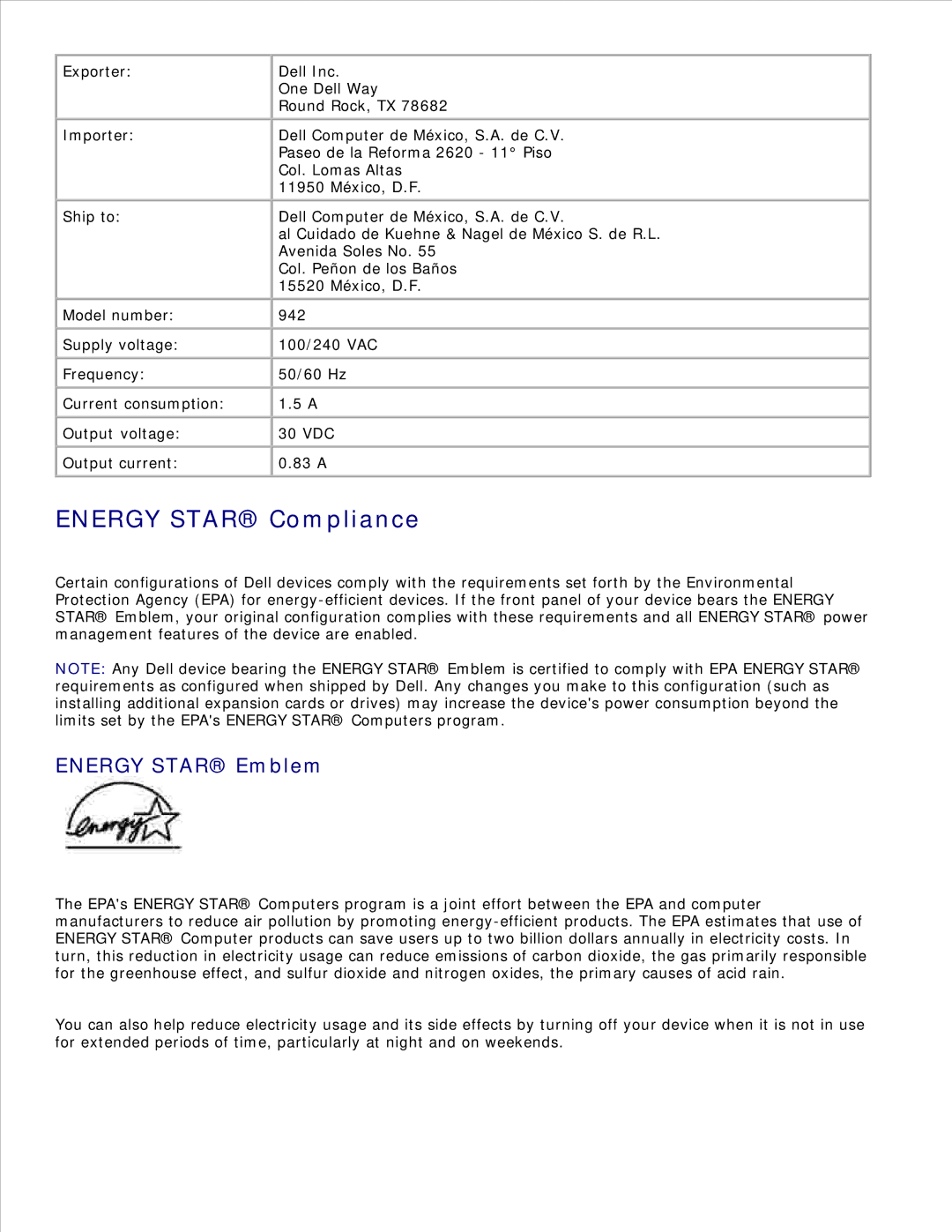 Dell 942 manual Energy Star Compliance, Energy Star Emblem 