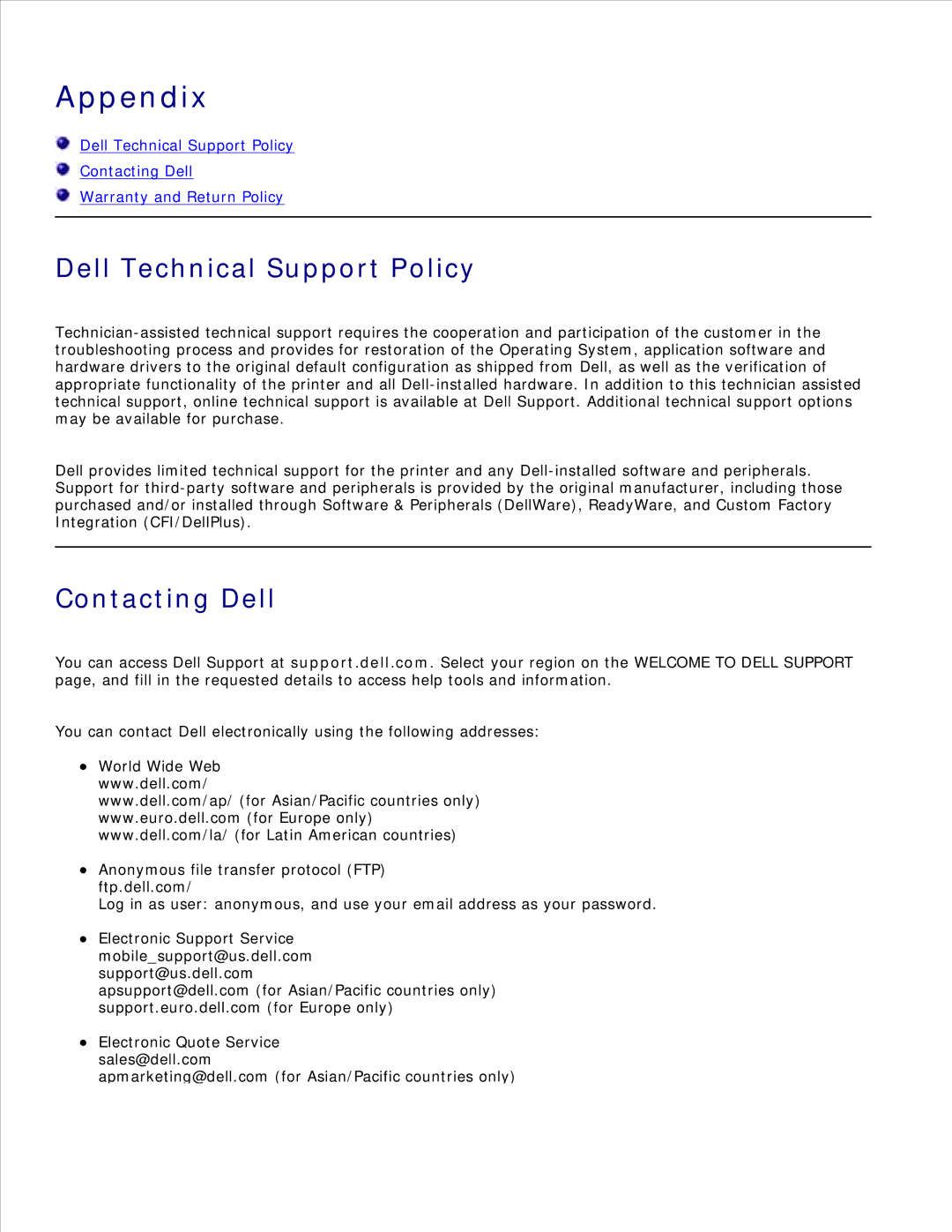 Dell 942 manual Appendix, Dell Technical Support Policy, Contacting Dell 