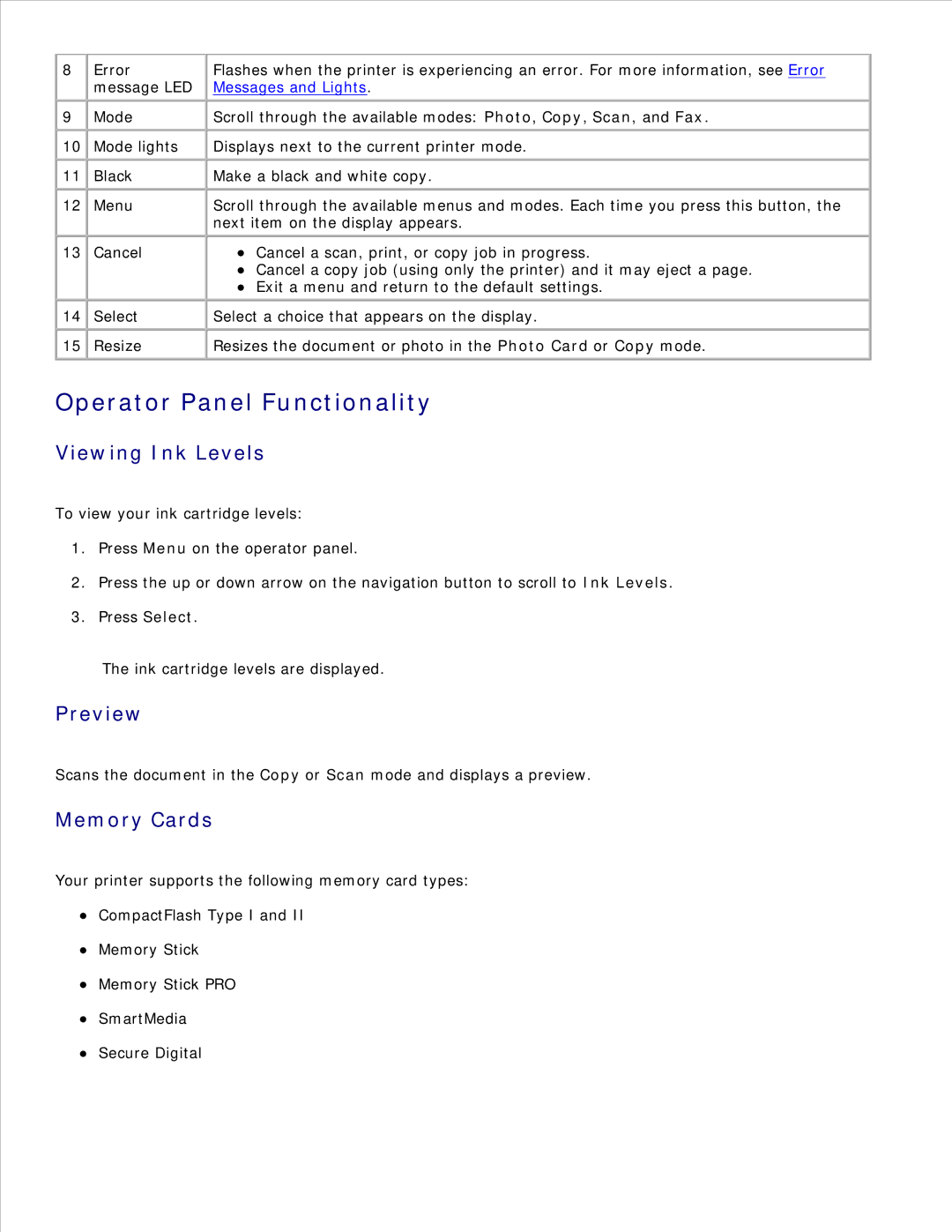 Dell 942 manual Operator Panel Functionality, Viewing Ink Levels, Preview, Memory Cards 