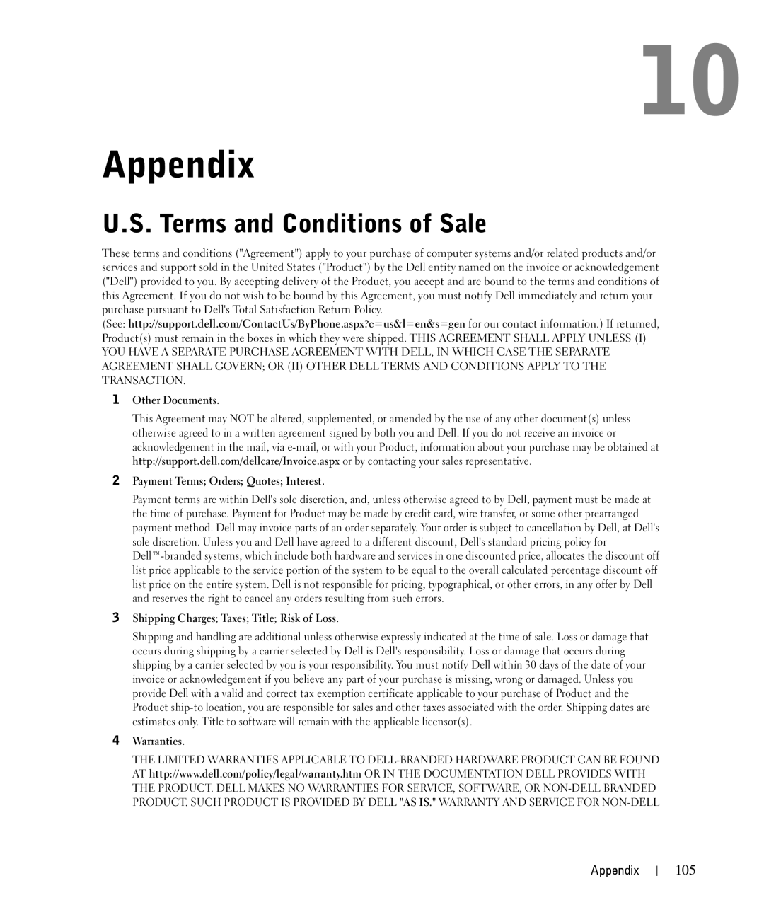 Dell 944 owner manual Appendix, Terms and Conditions of Sale, 105 