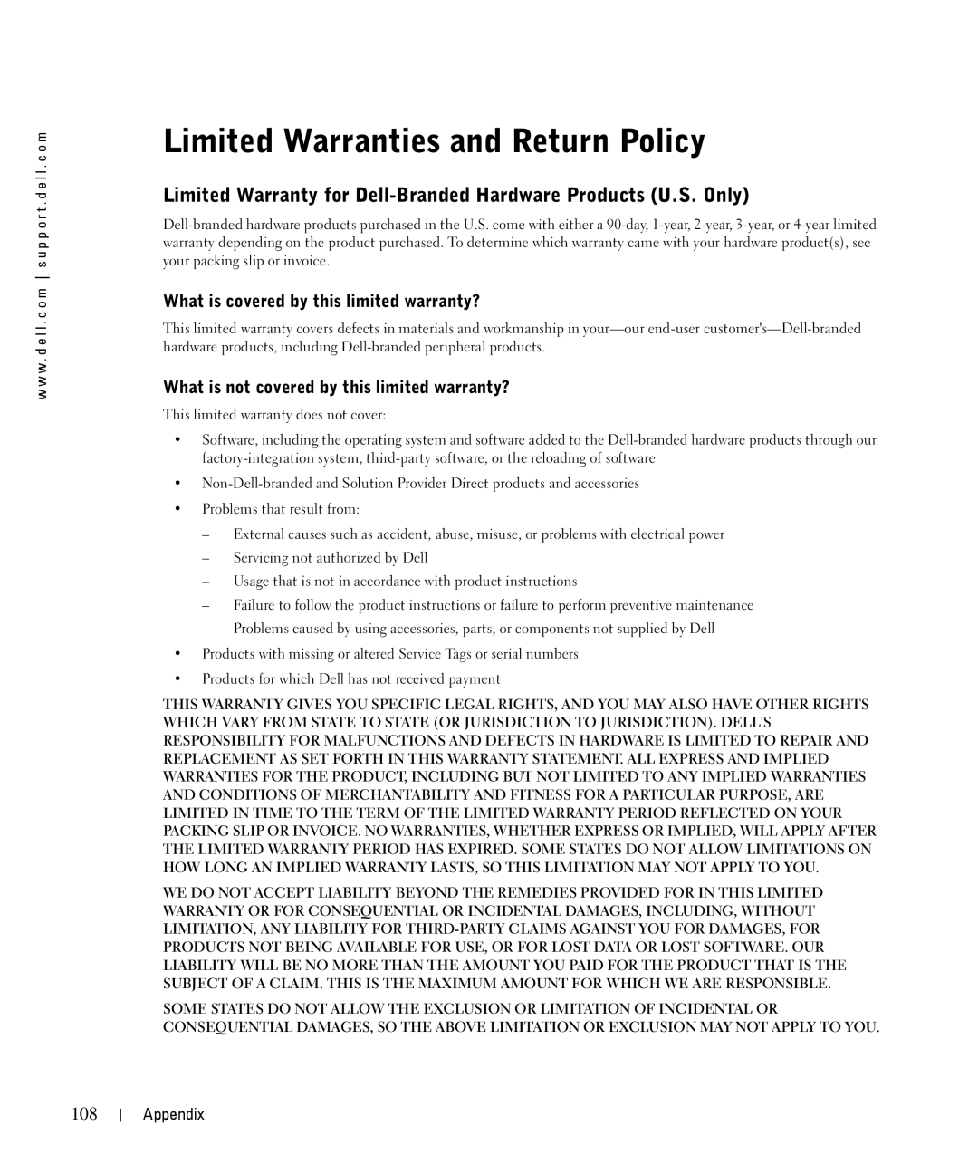 Dell 944 owner manual Limited Warranties and Return Policy, What is covered by this limited warranty?, 108 