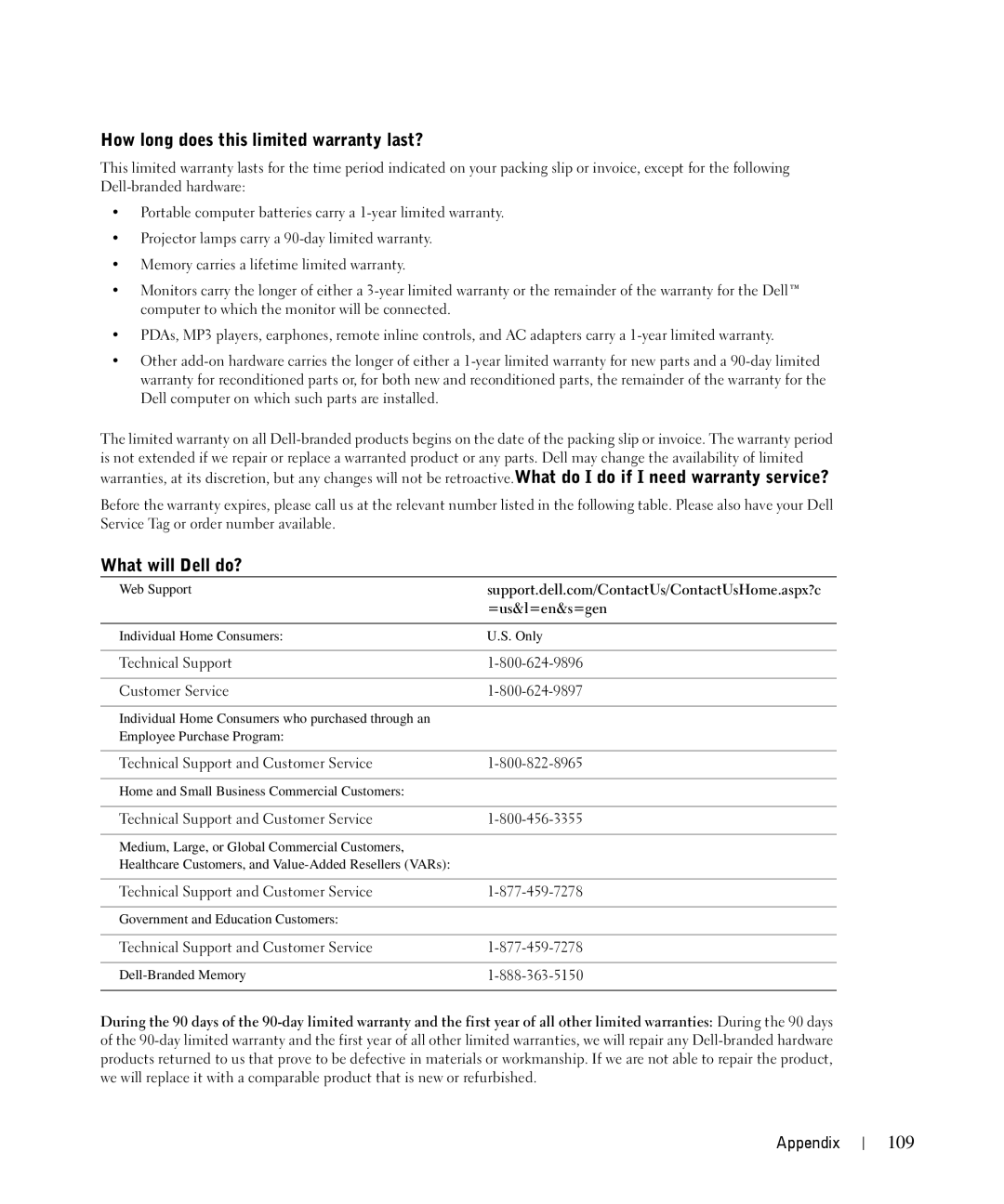 Dell 944 owner manual How long does this limited warranty last?, What will Dell do?, 109 