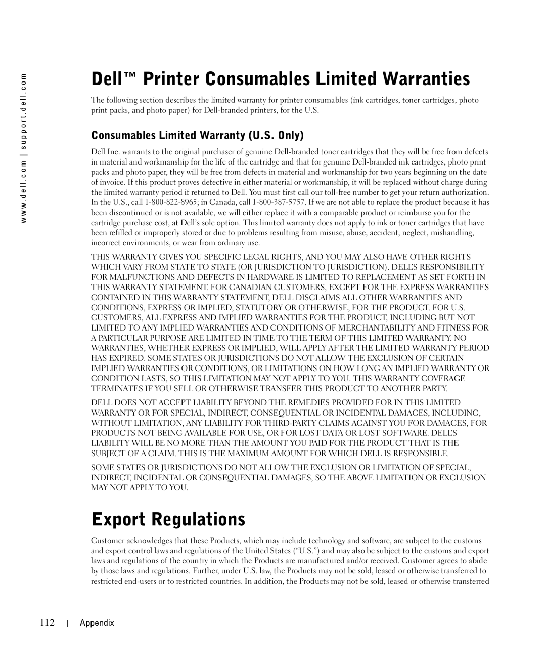 Dell 944 Dell Printer Consumables Limited Warranties, Export Regulations, Consumables Limited Warranty U.S. Only, 112 