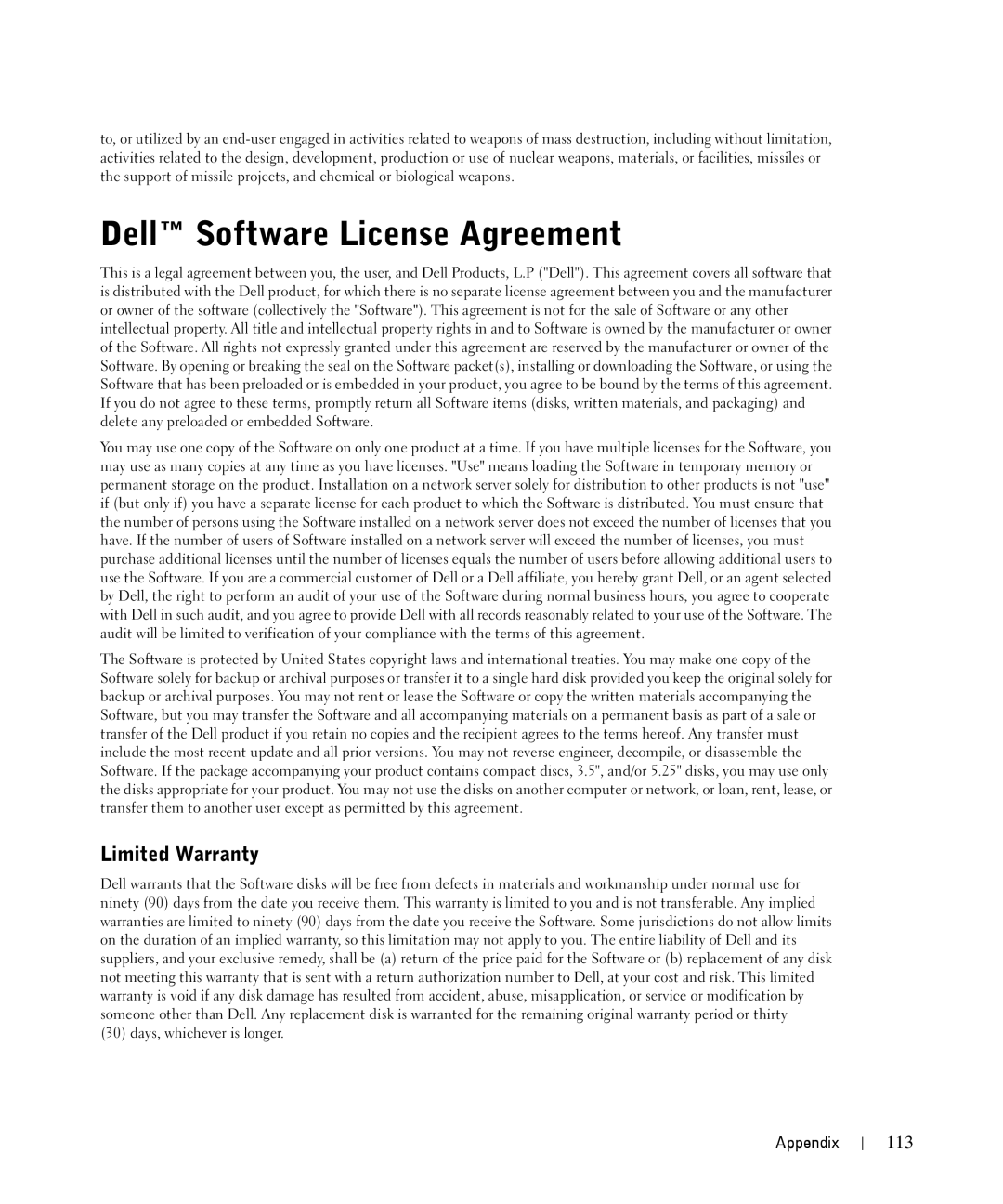 Dell 944 owner manual Dell Software License Agreement, Limited Warranty, 113 