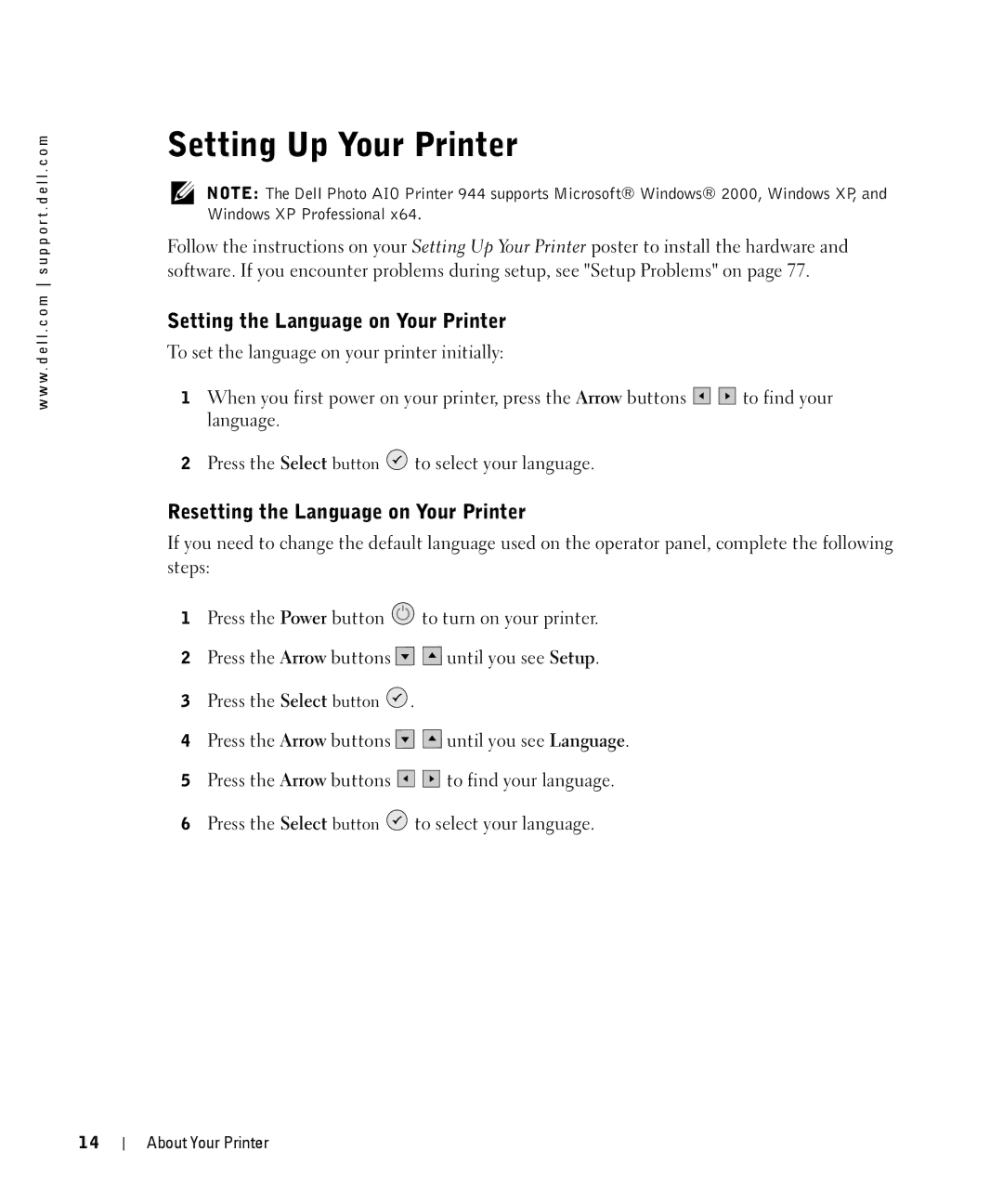 Dell 944 owner manual Setting Up Your Printer, Setting the Language on Your Printer, Resetting the Language on Your Printer 