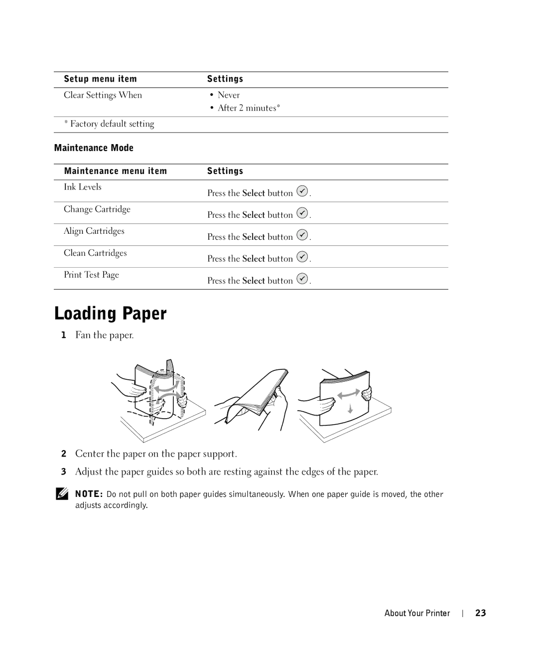 Dell 944 owner manual Loading Paper, Maintenance Mode, Maintenance menu item Settings 