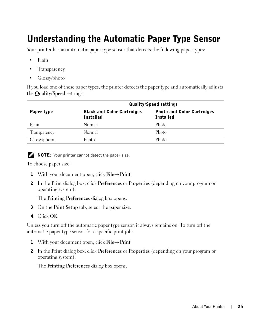 Dell 944 owner manual Understanding the Automatic Paper Type Sensor, Quality/Speed settings 