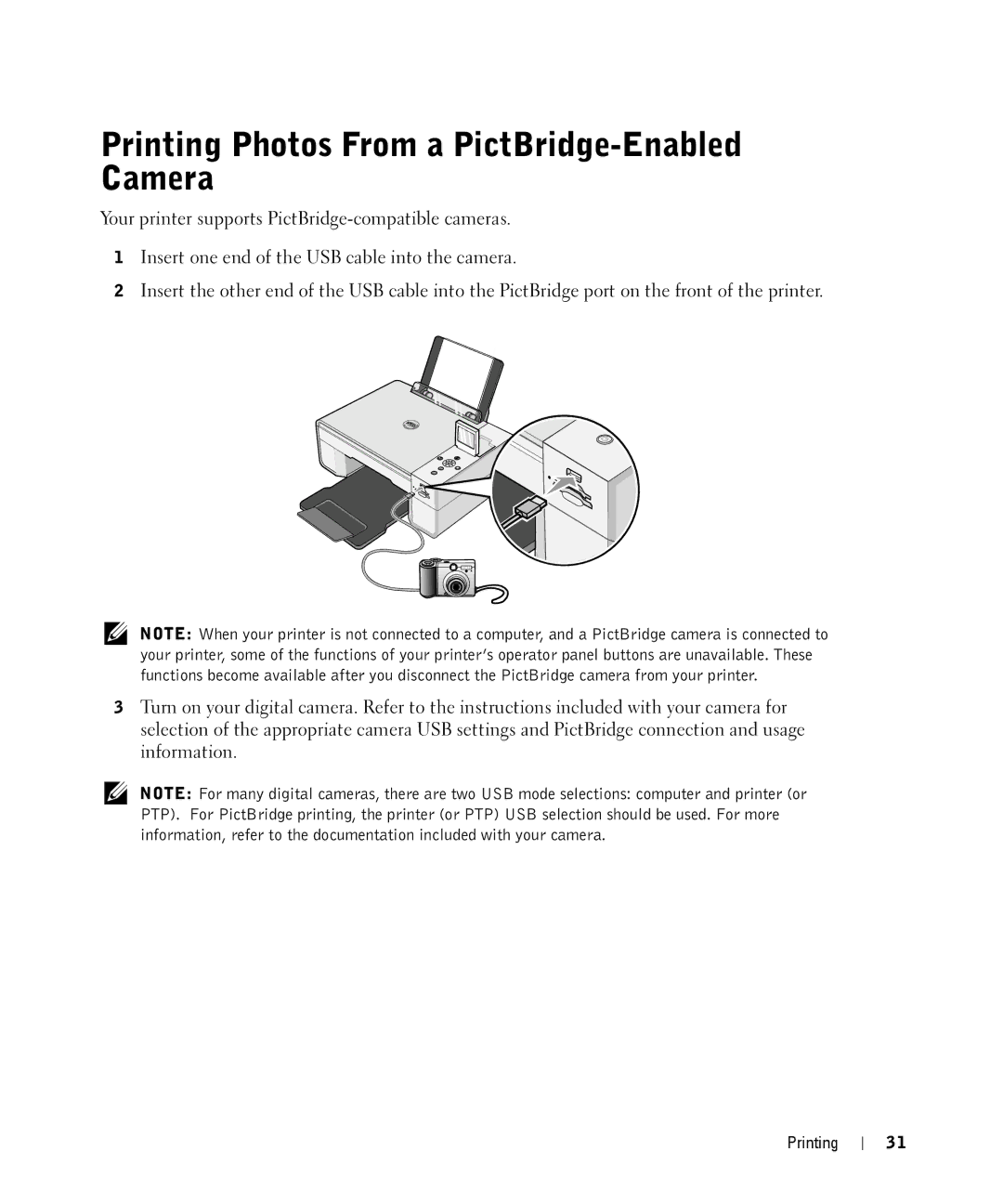 Dell 944 owner manual Printing Photos From a PictBridge-Enabled Camera 