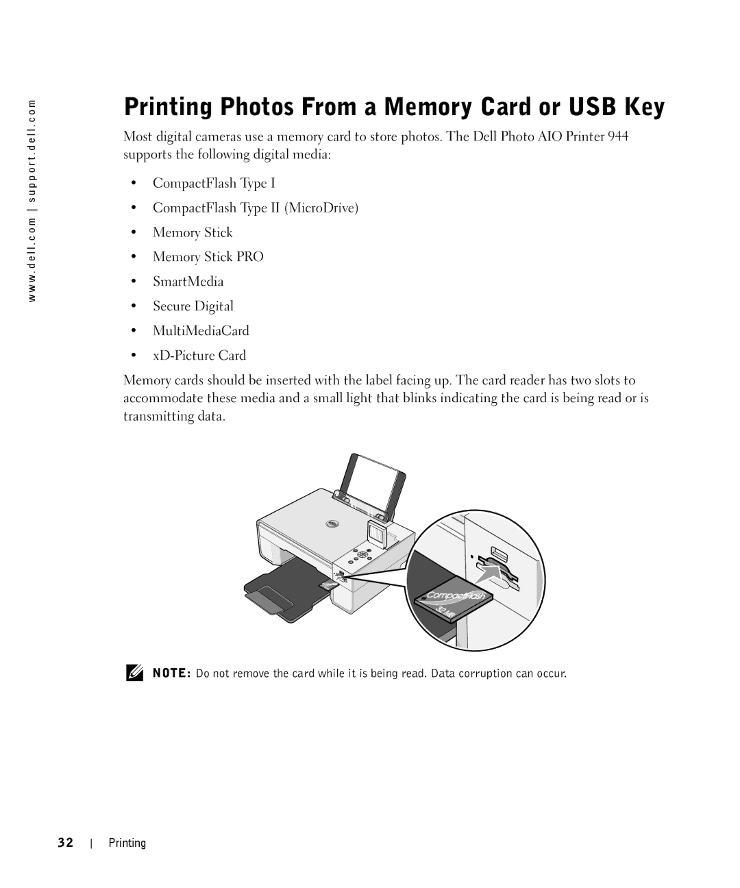 Dell 944 owner manual Printing Photos From a Memory Card or USB Key 