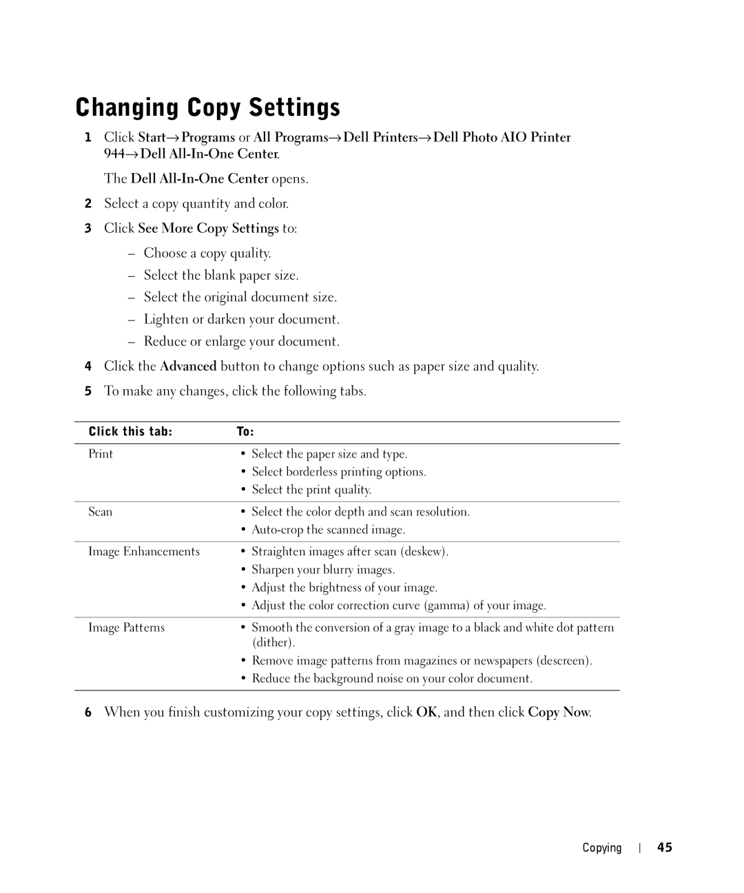 Dell 944 owner manual Changing Copy Settings, Select a copy quantity and color, Click this tab 