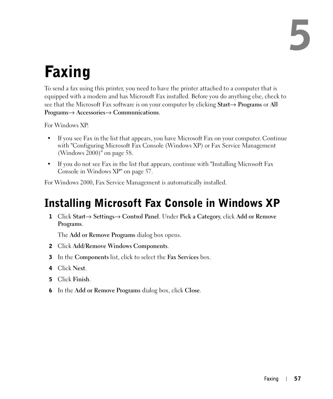 Dell 944 Faxing, Installing Microsoft Fax Console in Windows XP, Add or Remove Programs dialog box, click Close 