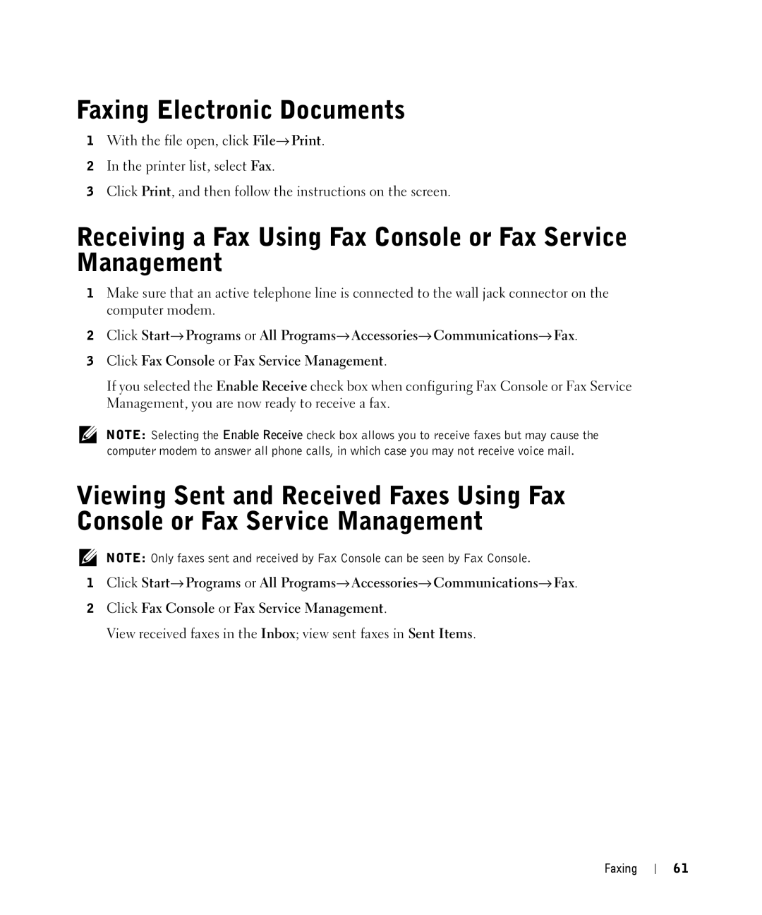 Dell 944 owner manual Faxing Electronic Documents, Receiving a Fax Using Fax Console or Fax Service Management 