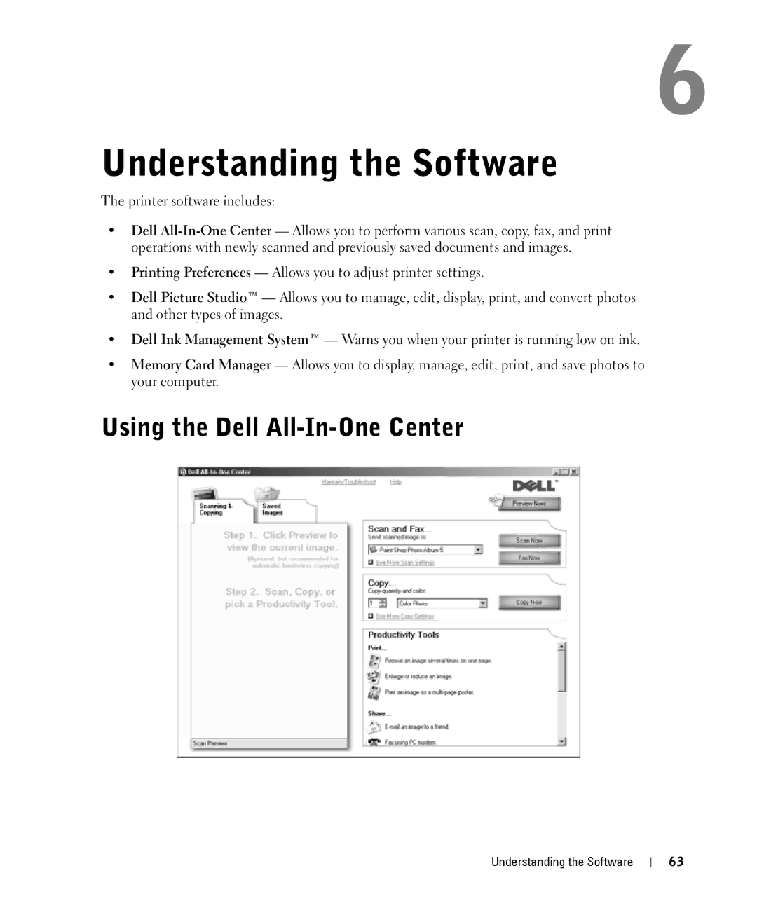 Dell 944 owner manual Understanding the Software, Using the Dell All-In-One Center 