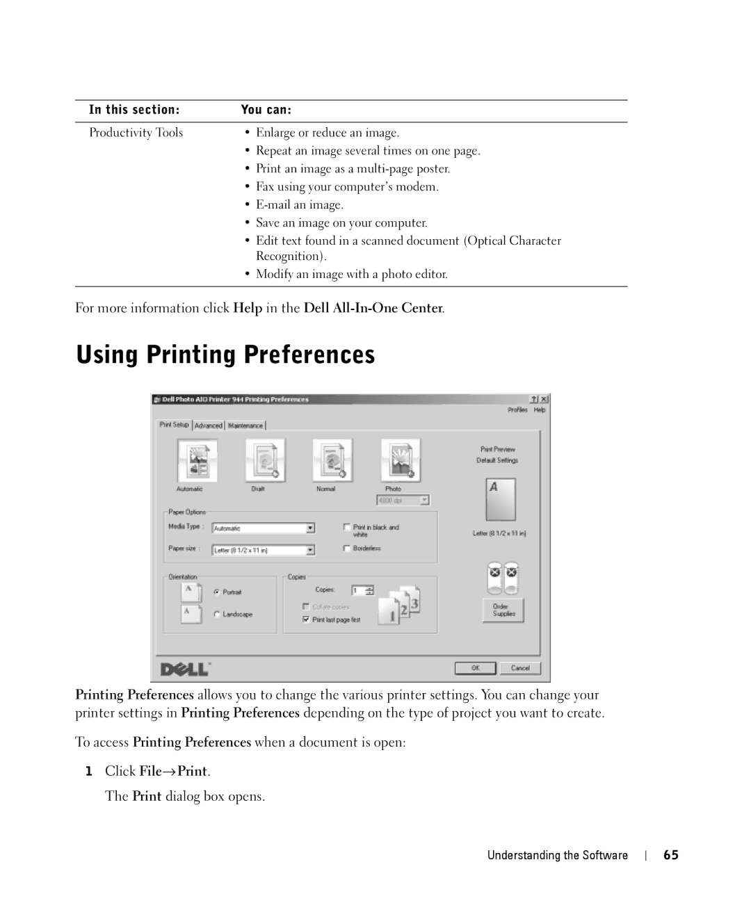 Dell 944 owner manual Using Printing Preferences 