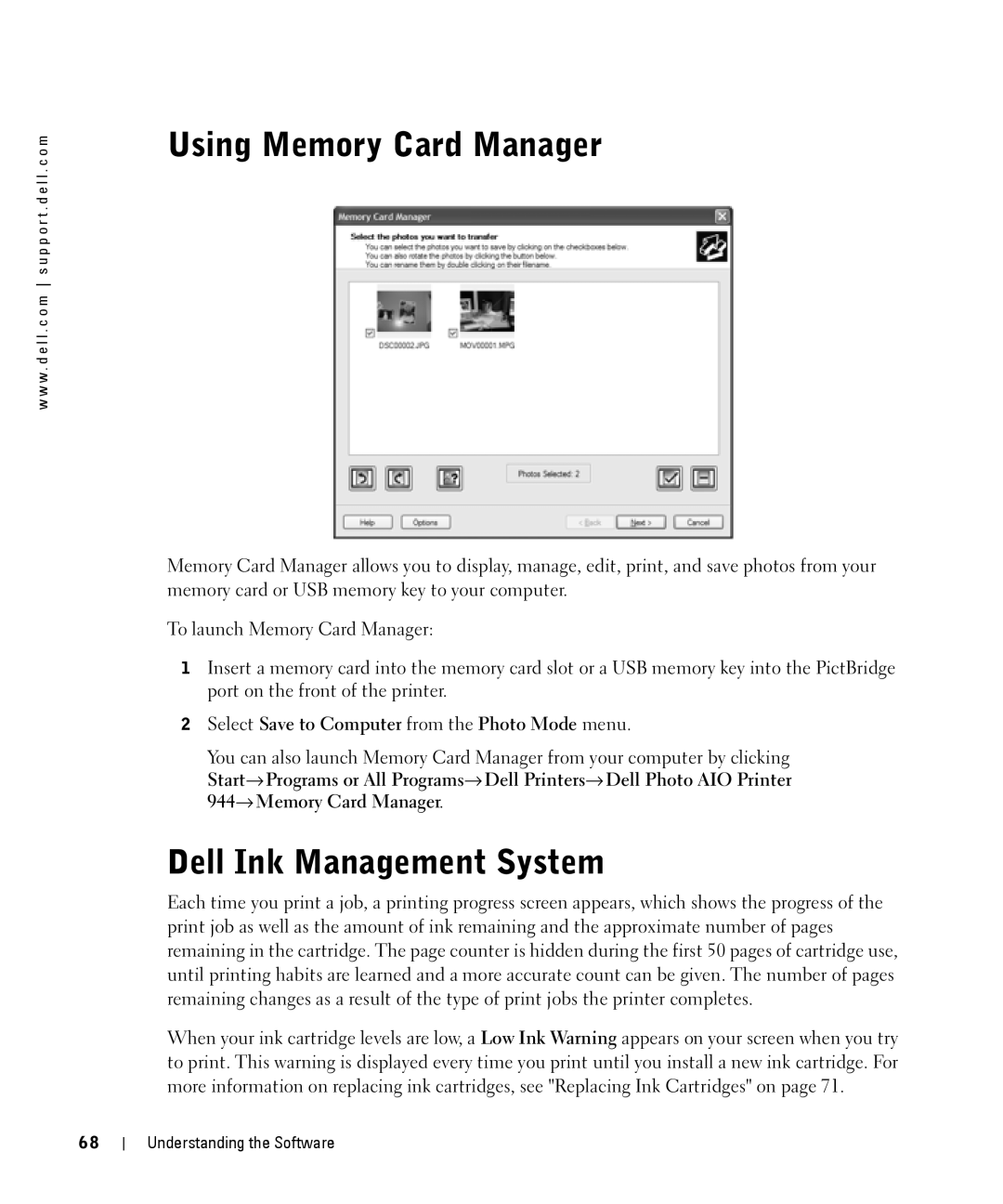 Dell 944 Using Memory Card Manager, Dell Ink Management System, Select Save to Computer from the Photo Mode menu 