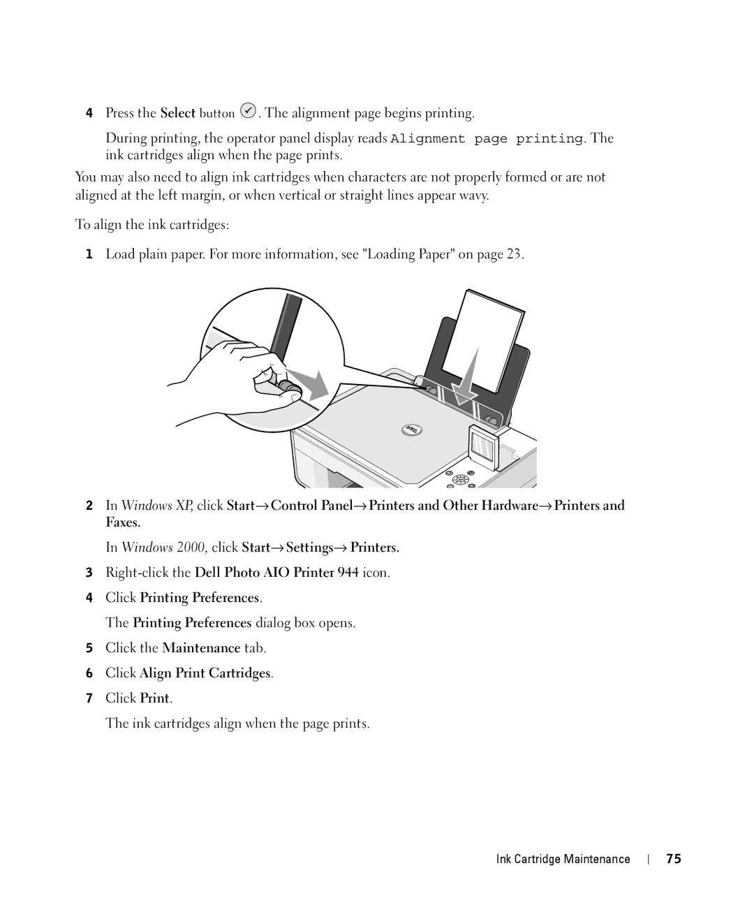 Dell 944 owner manual Click Align Print Cartridges, Click Print Ink cartridges align when the page prints 