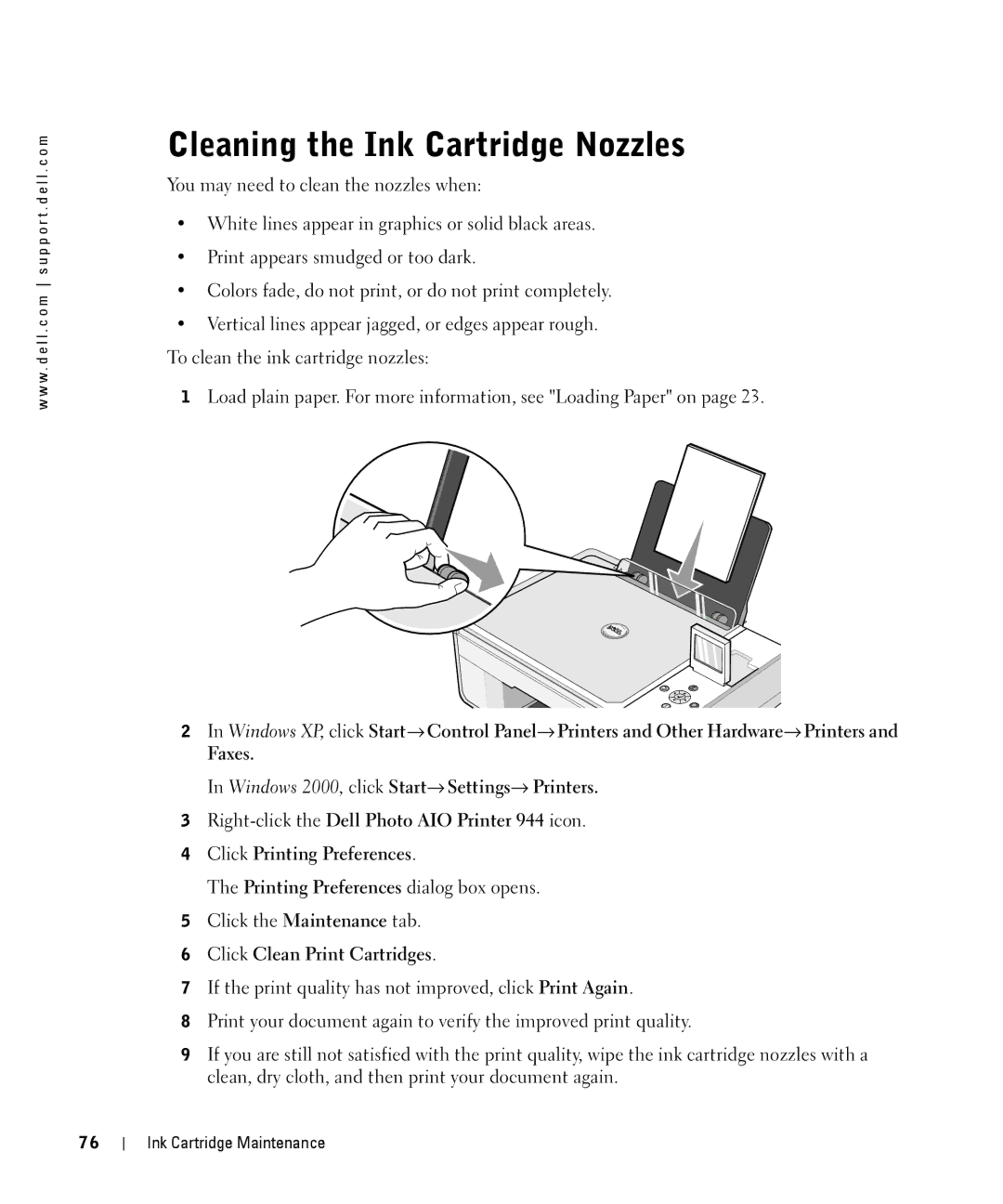 Dell 944 owner manual Cleaning the Ink Cartridge Nozzles, Click Clean Print Cartridges 