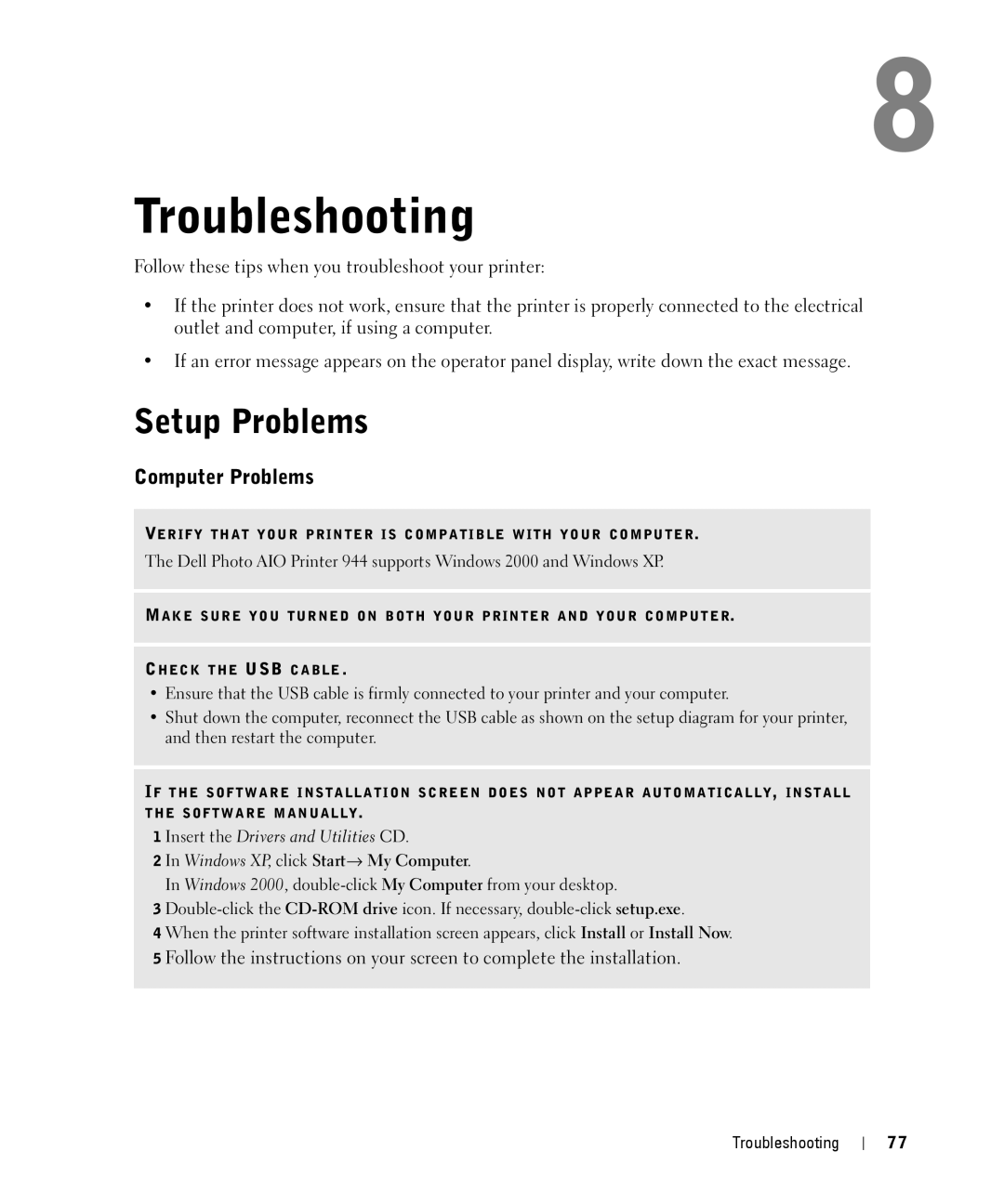 Dell 944 owner manual Troubleshooting, Setup Problems, Computer Problems, Windows XP, click Start→ My Computer 