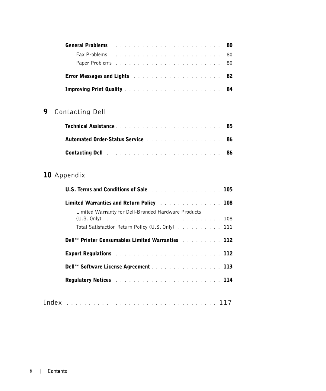 Dell 944 owner manual General Problems, Dell Software License Agreement 113, 114 