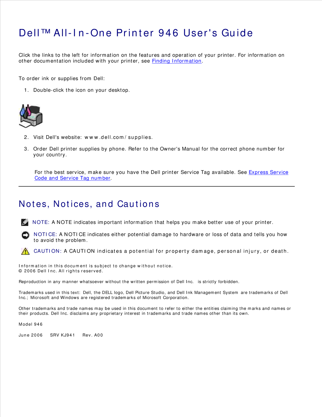 Dell owner manual Dell All-In-One Printer 946 Users Guide 