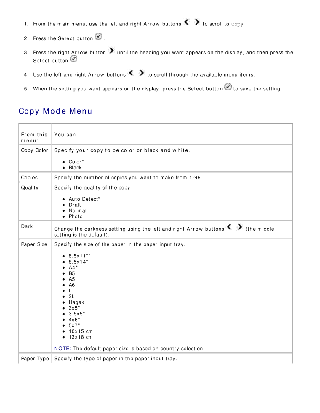 Dell 946 owner manual Copy Mode Menu, From this Menu, You can Specify your copy to be color or black and white 