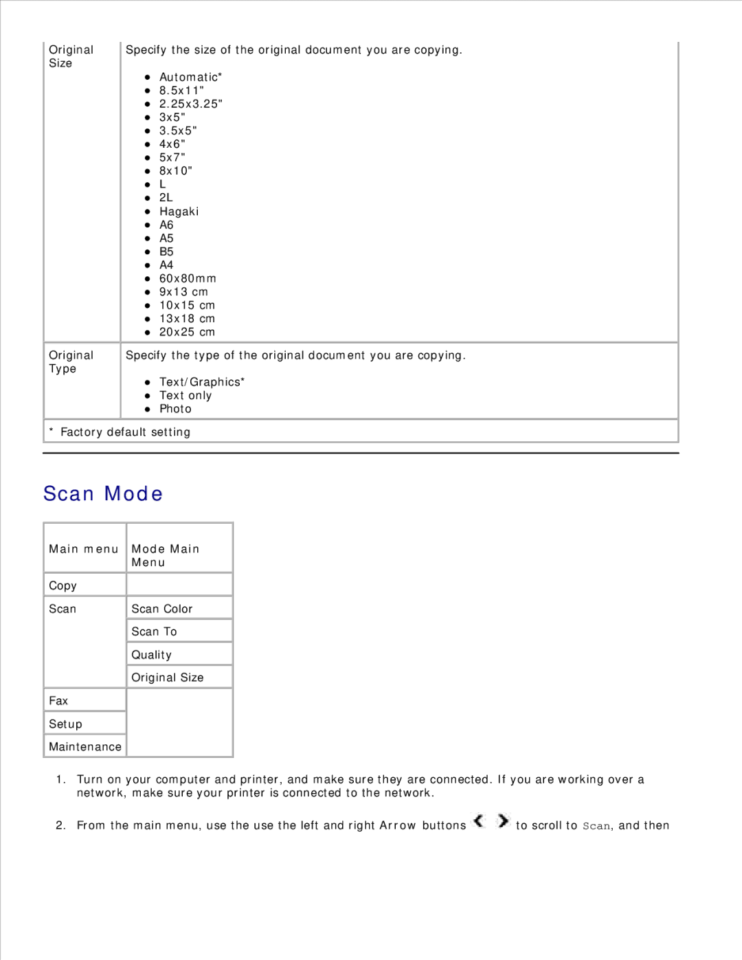 Dell 946 owner manual Scan Mode, Main menu Mode Main Menu 