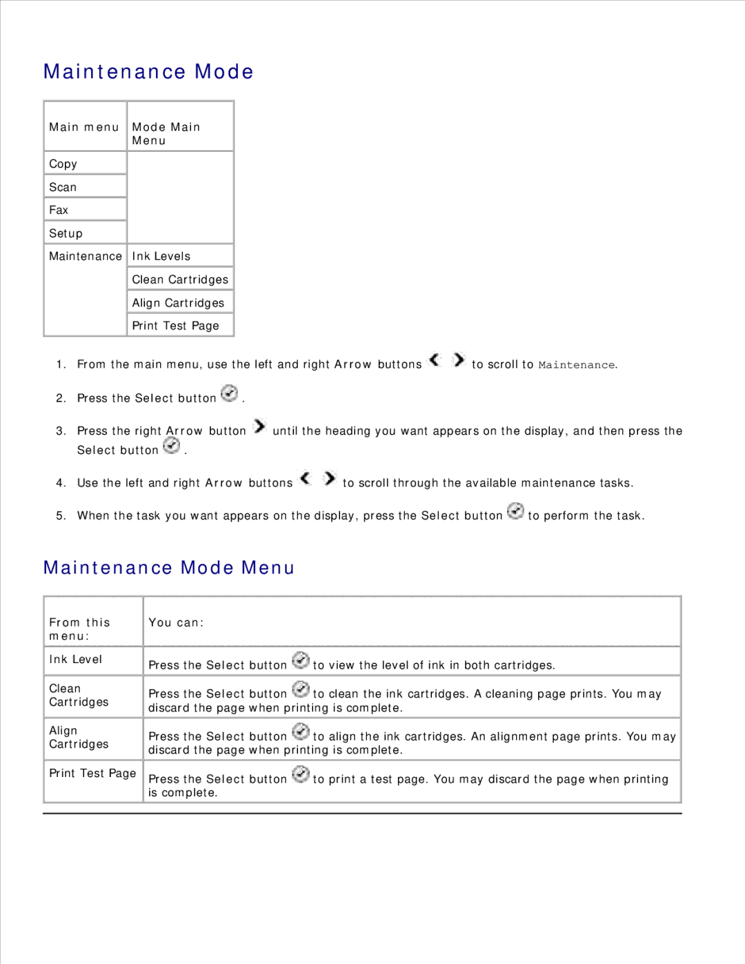 Dell 946 owner manual Maintenance Mode Menu 