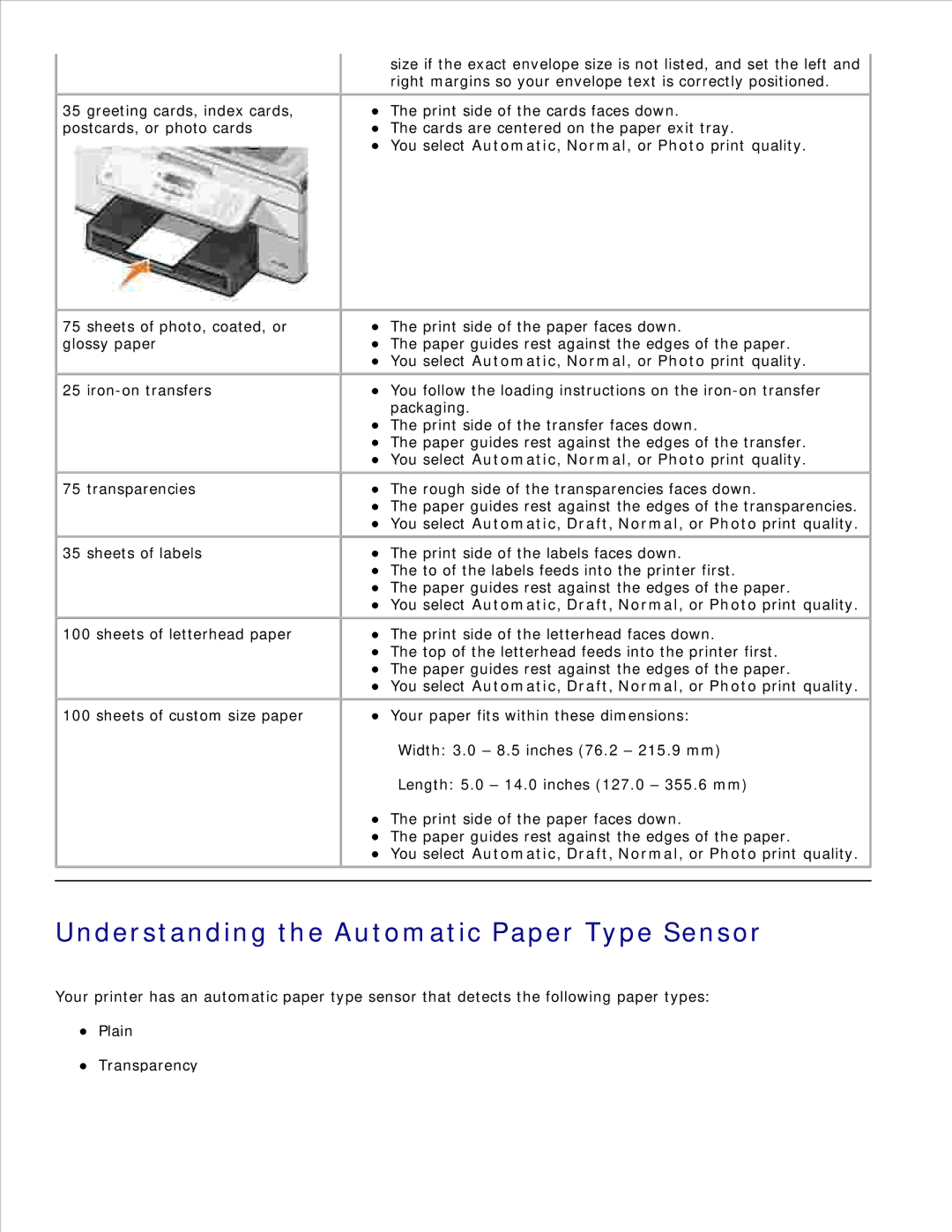 Dell 946 owner manual Understanding the Automatic Paper Type Sensor, Rough side of the transparencies faces down 