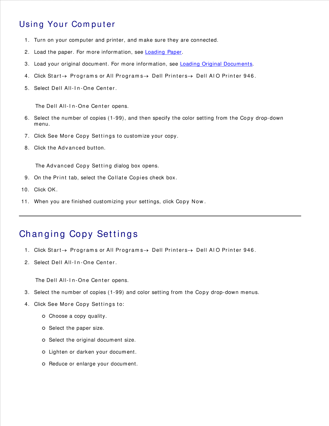 Dell 946 owner manual Changing Copy Settings, Advanced Copy Setting dialog box opens, Click See More Copy Settings to 