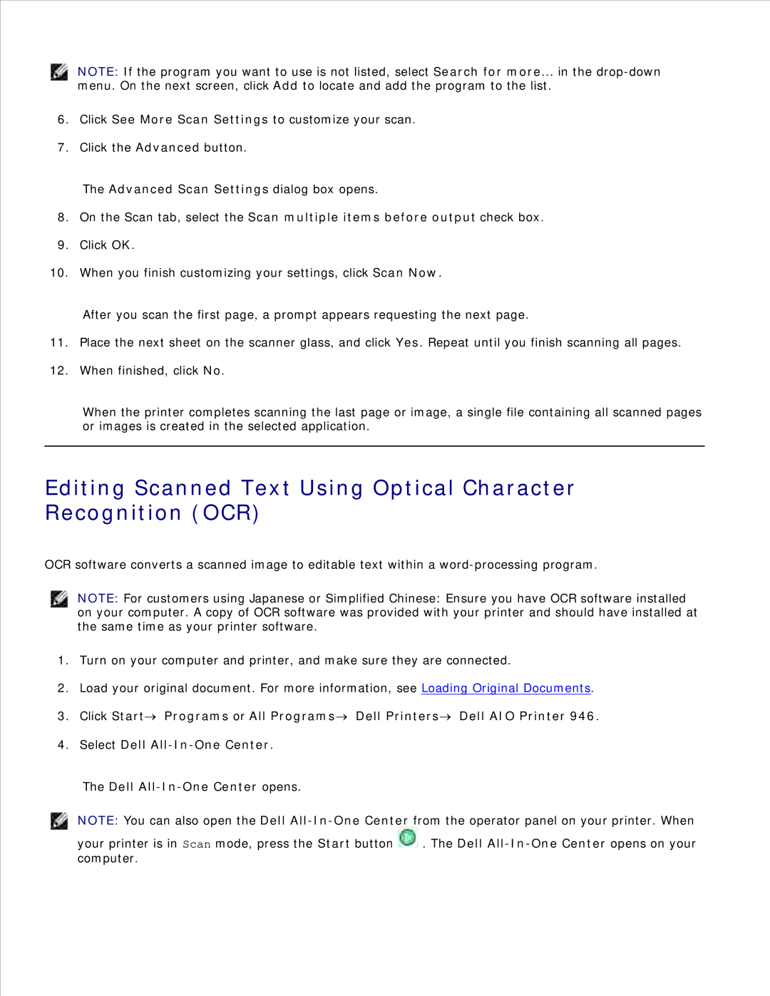 Dell 946 owner manual Editing Scanned Text Using Optical Character Recognition OCR, Advanced Scan Settings dialog box opens 