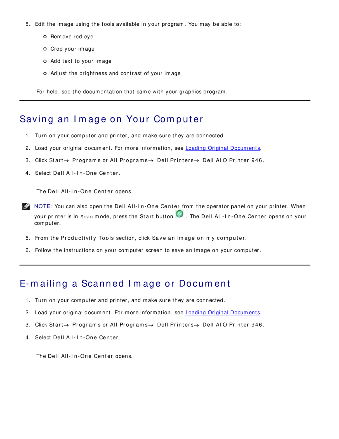 Dell 946 owner manual Saving an Image on Your Computer, Mailing a Scanned Image or Document 