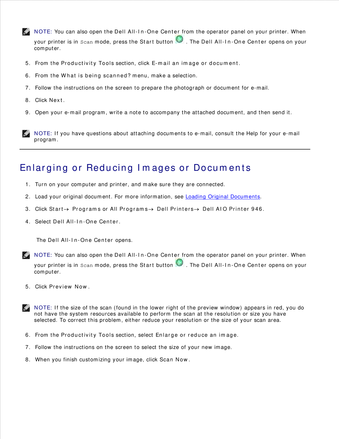 Dell 946 owner manual Enlarging or Reducing Images or Documents 