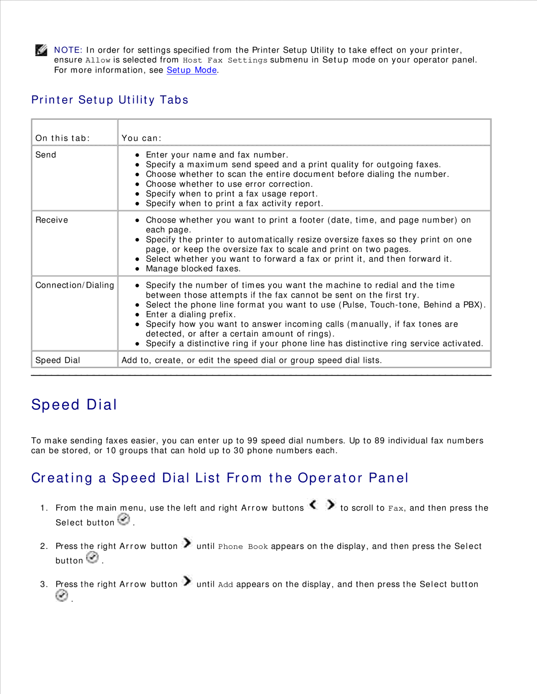 Dell 946 owner manual Creating a Speed Dial List From the Operator Panel, Printer Setup Utility Tabs, On this tab 