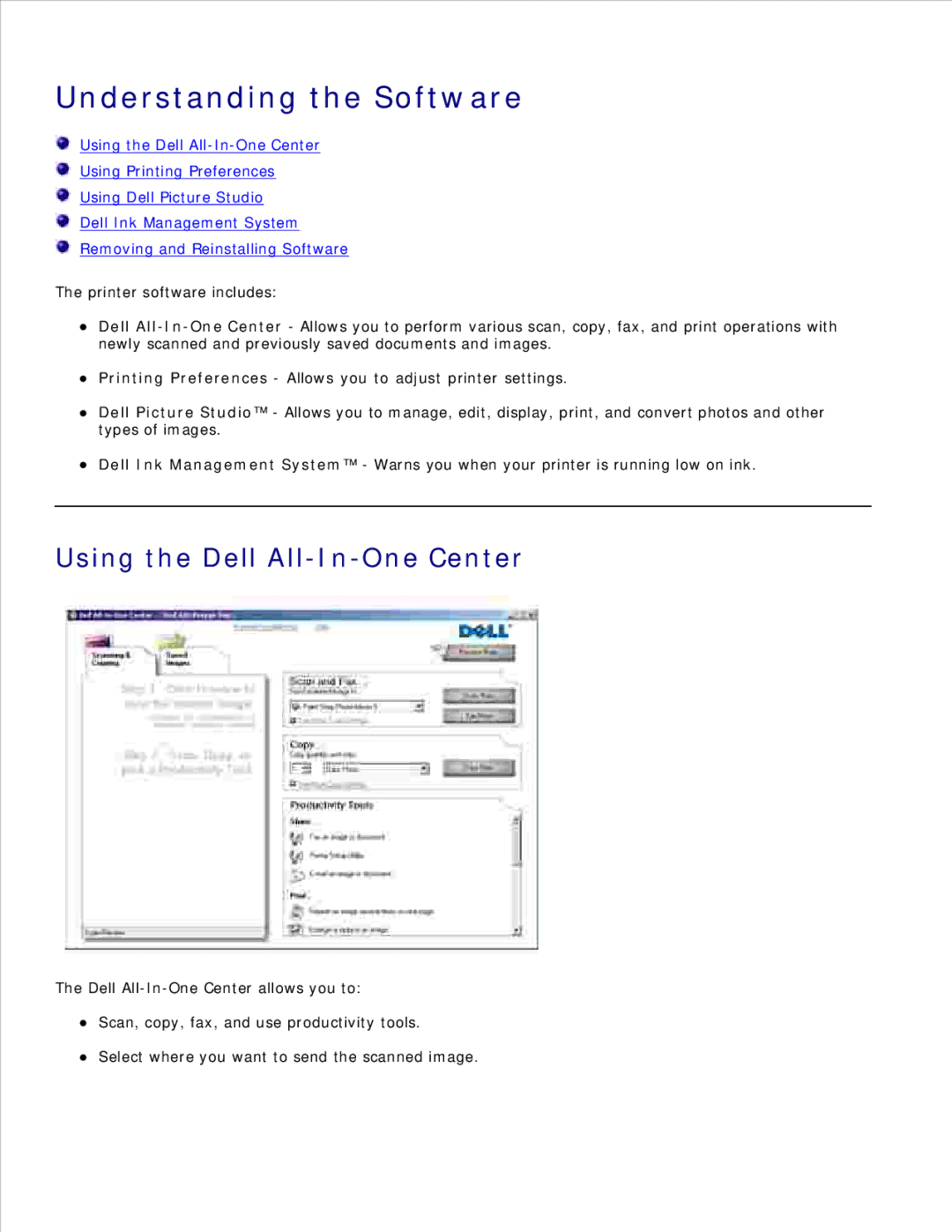 Dell 946 owner manual Understanding the Software, Using the Dell All-In-One Center 