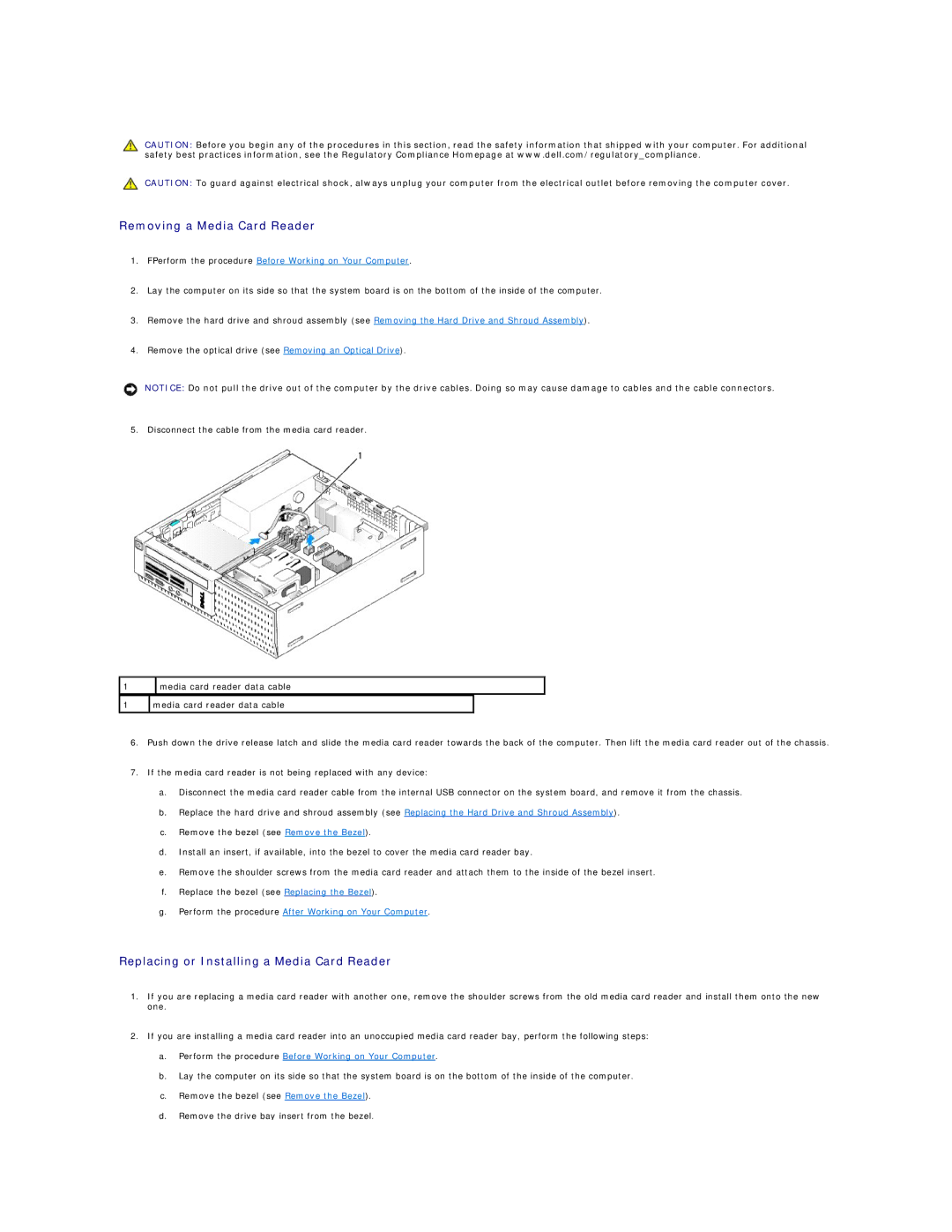 Dell 960 manual Removing a Media Card Reader, Replacing or Installing a Media Card Reader 