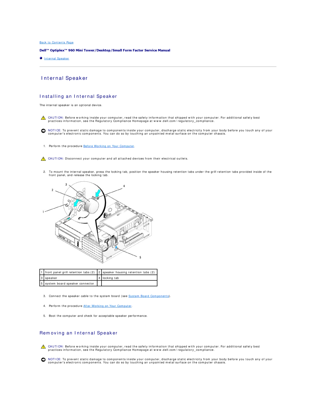 Dell 960 manual Internal Speaker 