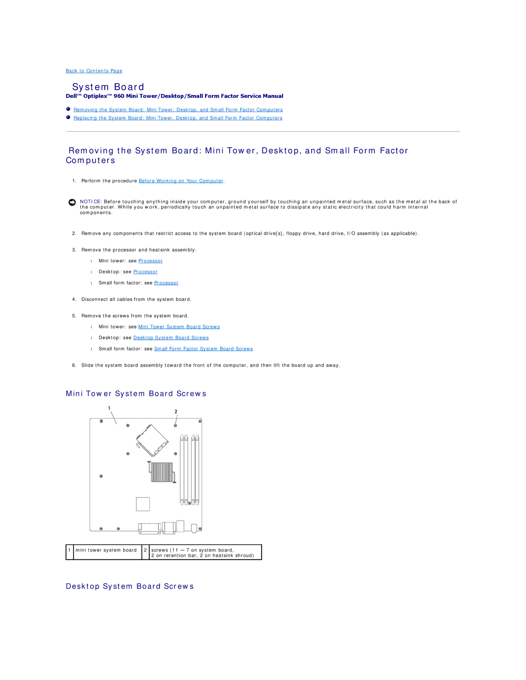 Dell 960 manual Mini Tower System Board Screws, Desktop System Board Screws 