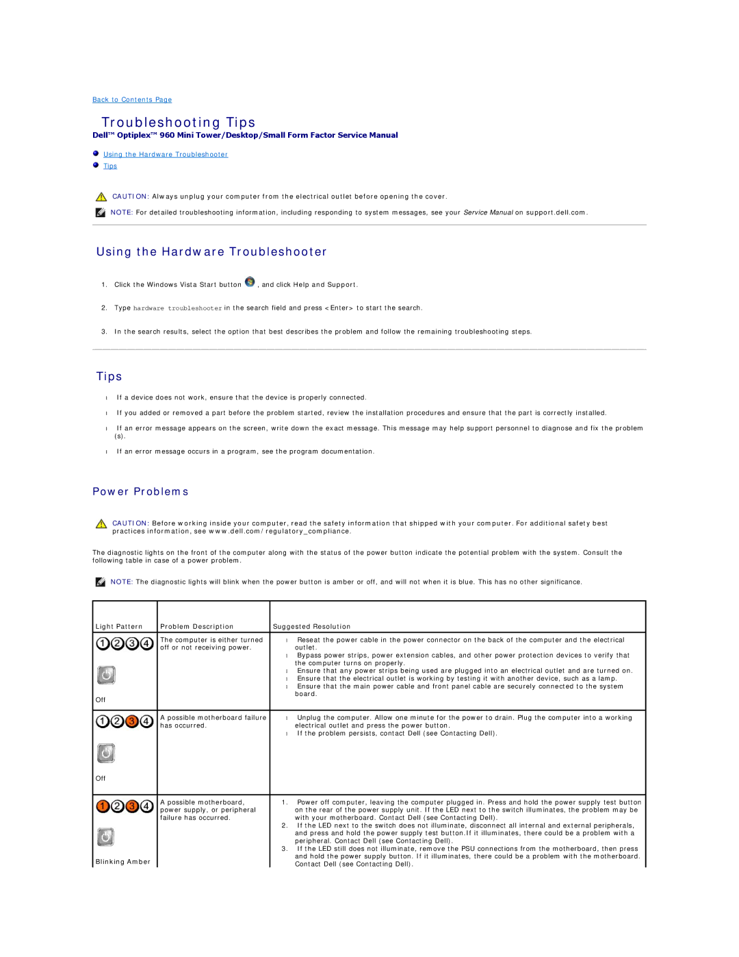 Dell 960 manual Using the Hardware Troubleshooter, Tips, Power Problems 