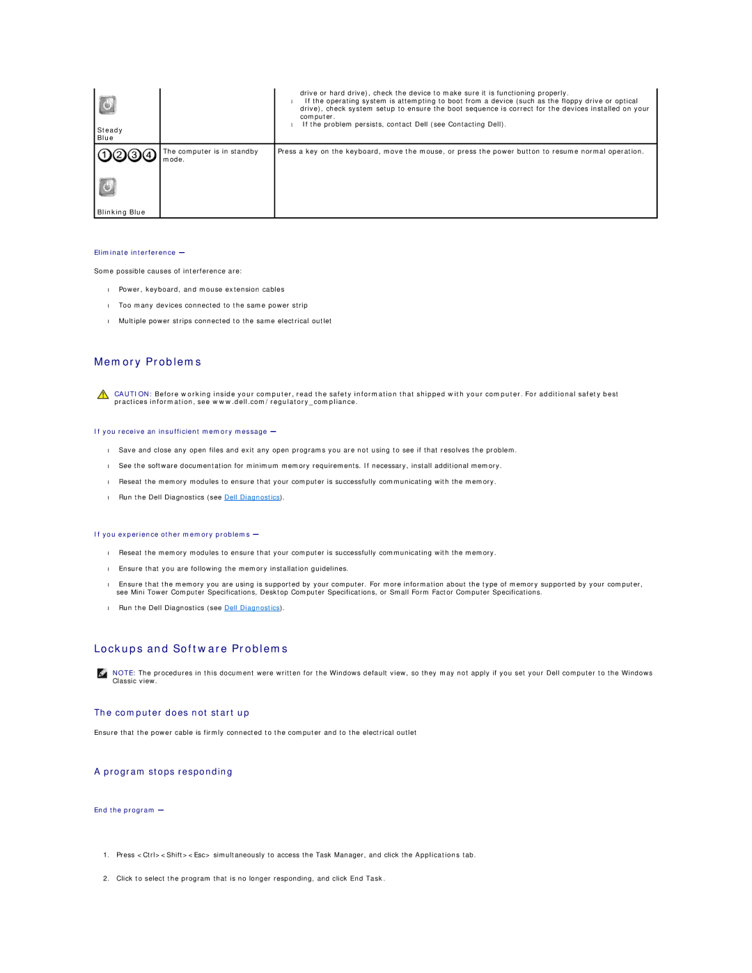 Dell 960 manual Memory Problems, Lockups and Software Problems, Computer does not start up, Program stops responding 